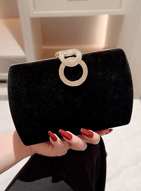 气质名媛黑色丝绒水钻扣晚宴包女手拿包晚装包婚礼配晚礼服的包包