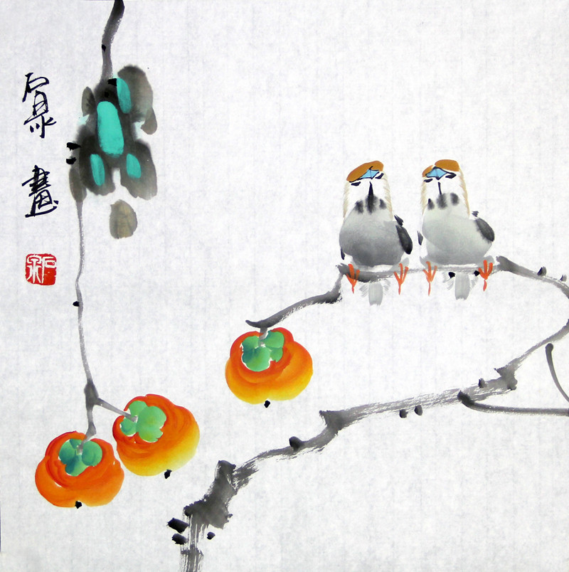 石泉纯手绘国画小品花鸟画荷花紫藤柿子竹子兰花玄关走道装饰字画