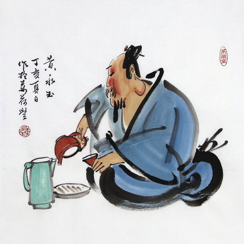纯手绘临摹黄永玉国画人物画禅意画茶庄茶室餐厅书房装饰画 品茶
