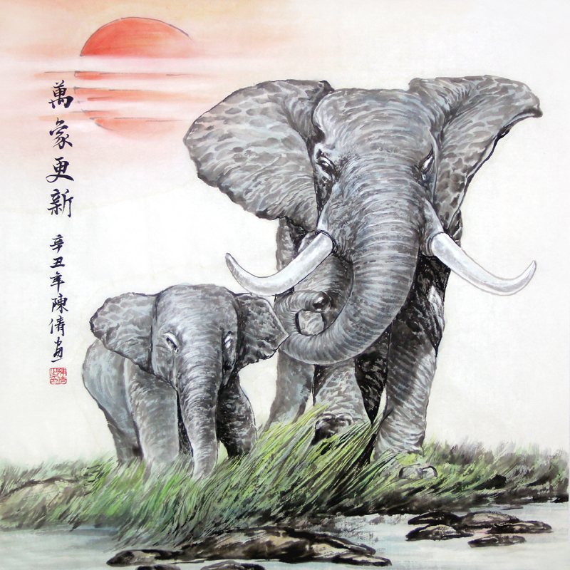 大象画手绘四尺斗方宣纸画心国画走兽动物画陈倩字画真迹万象更新