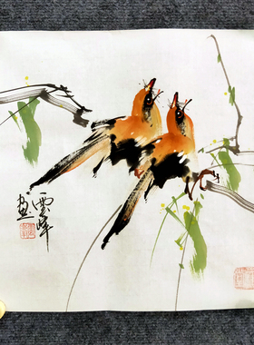 云峰斗方花鸟纯手绘画心无框