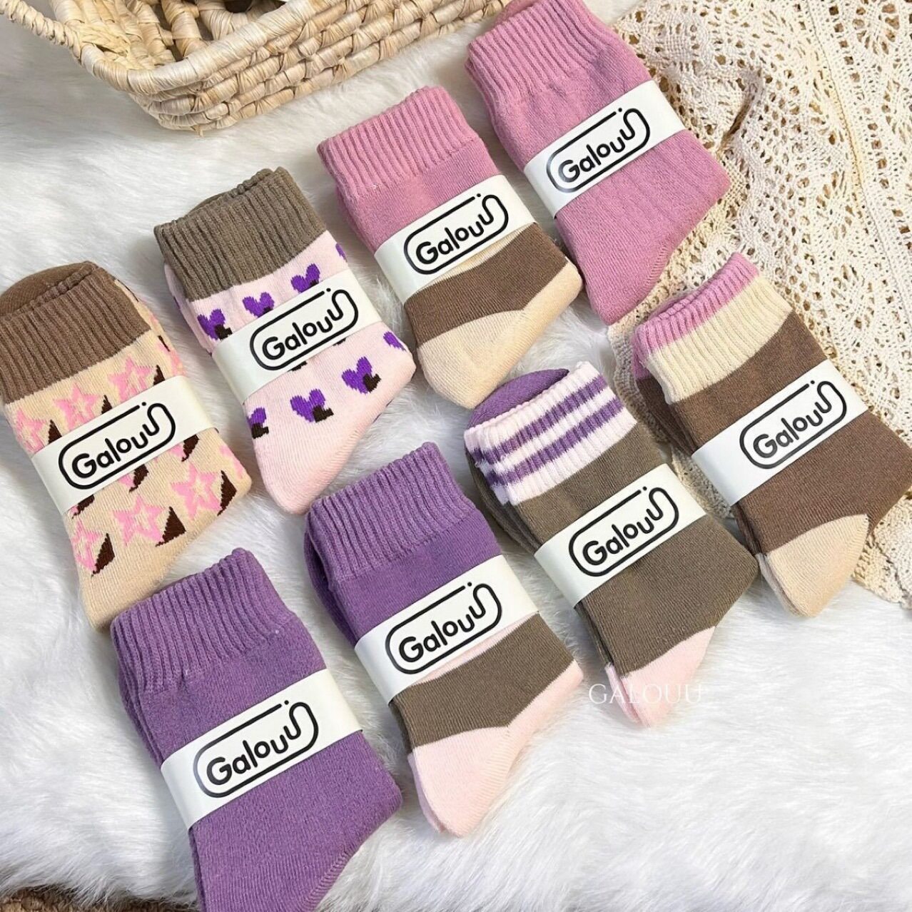 正品Galouu秋冬加厚毛圈中筒袜8双装撞色袜双杠袜保暖袜时尚学院