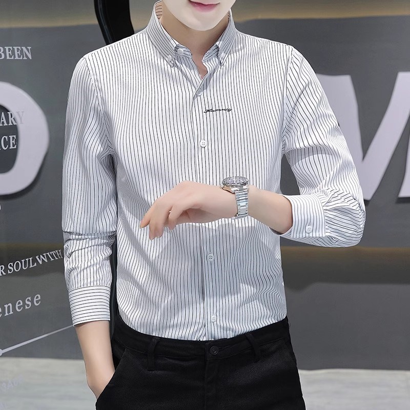 长袖衬衫男士春秋款高级感休闲条纹冬装上衣加绒加厚保暖白衬衣服