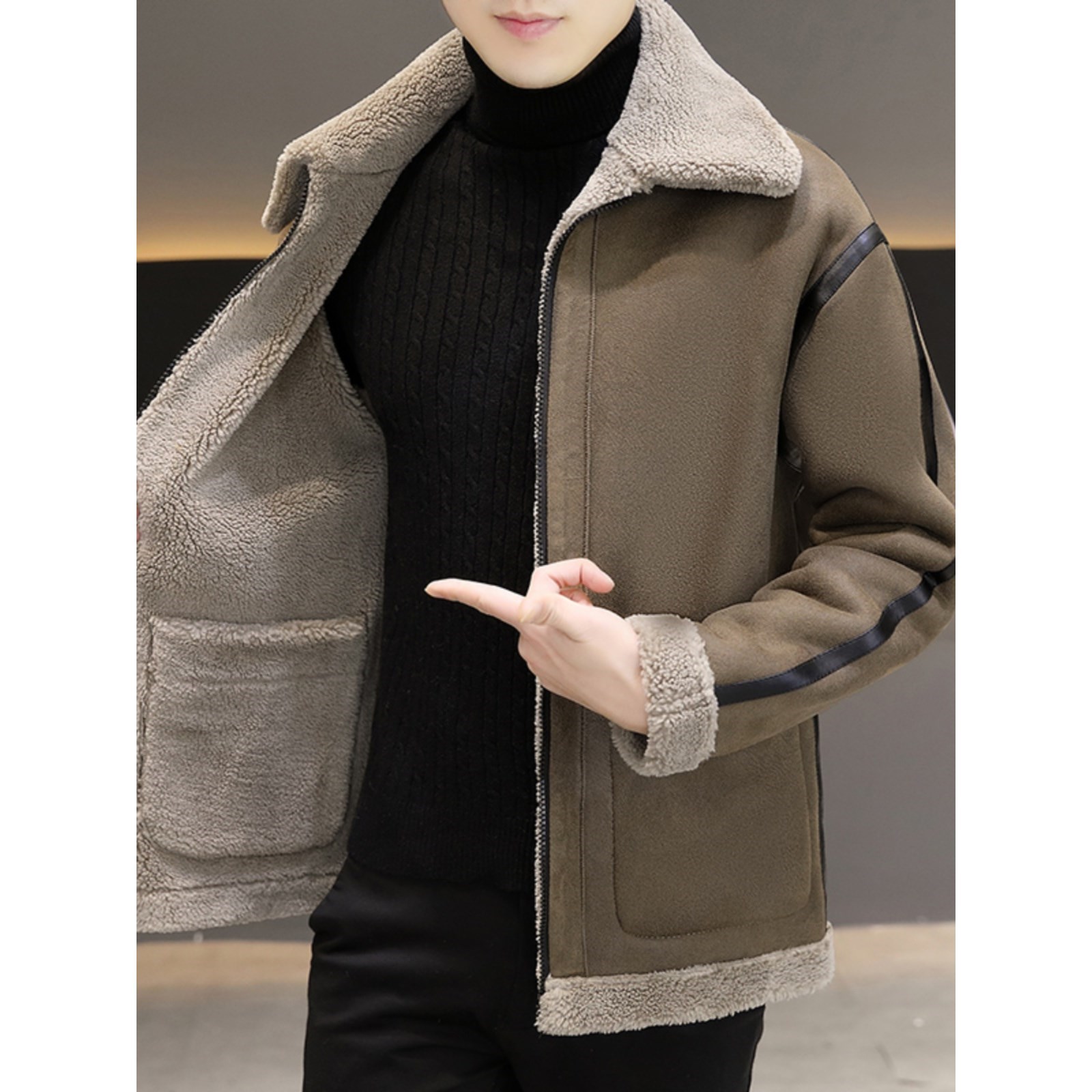 冬季翻领仿皮草颗粒羊羔绒复合皮