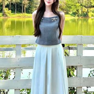 【古灵精怪】富家千金感钻石蝴蝶结亮丝毛呢小吊带背心女短款上衣