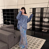 秋 V领闪闪亮片毛衣金线烂花丝绒半裙国风套装 凝夜雾花 新中式