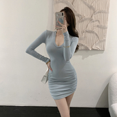 简约弧度t t裙 V领短袖 bisous T恤女收腰长袖 内搭连衣裙夏