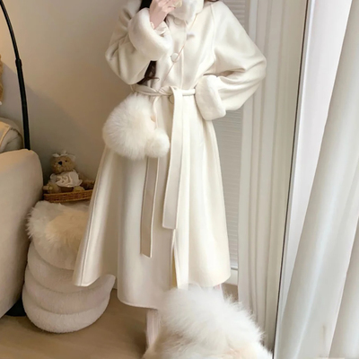 京洛佳人气质澳毛羊绒中长款毛呢大衣秋冬季时尚兔毛领外套