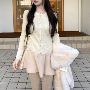 现货「Selfie再造淑女」蝴蝶结蕾丝48支针织羊毛开衫冬款内搭上衣