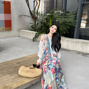 【花信风】新中式连衣裙子2025新款今年流行两件拖尾长裙印花裙子