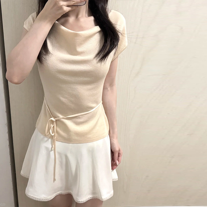 夏季时髦 桑蚕丝上衣女真丝羊毛气质短袖t恤荡领收腰显瘦薄款小衫