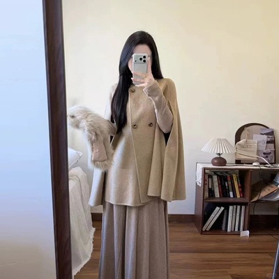 【财阀千金】羊毛双面呢斗篷毛呢外套女秋冬新款短款毛领呢子大衣