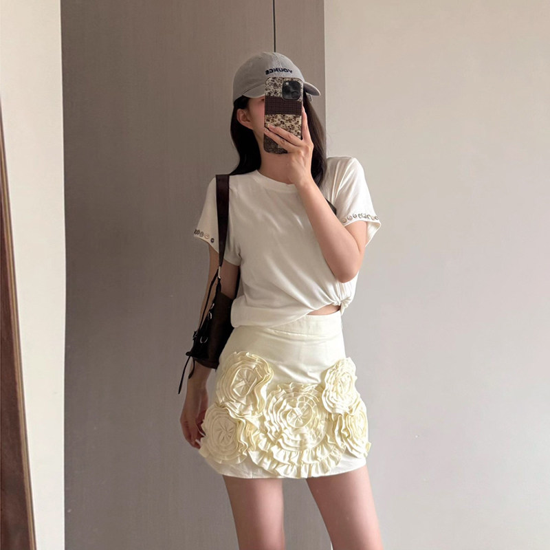 安吉莉亚花集 重工立体花朵短裙手工压褶设计感半裙女A字半身裙春