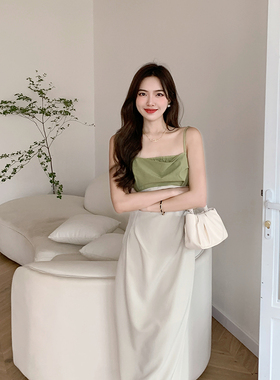 Karolina美人比例裙夏季拼色高腰吊带裙褶皱显瘦连衣裙女