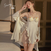 瑰若性感缎面蕾丝刺绣聚拢可拆胸垫露背睡裙外袍女家居服套装 6583