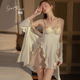 瑰若性感缎面蕾丝刺绣聚拢可拆胸垫露背睡裙外袍女家居服套装 6583
