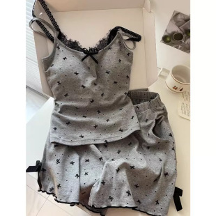 吊带睡衣女夏甜辣风波点蝴蝶结蕾丝边吊带短裤 带胸垫可外穿家居服