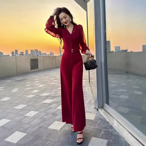 衬衫两件套2024上衣阔腿裤子秋季女士一整套新款流行时尚穿搭套装