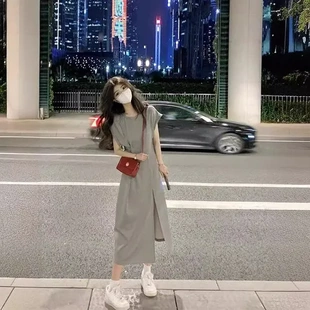 開叉休閑長裙新款 灰色2024年t恤設(shè)計(jì)感 小眾女裝 顯瘦連衣裙子夏季