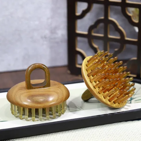 按摩梳头部紫光檀经络梳源头羊角齿61耐用绿檀指环木梳