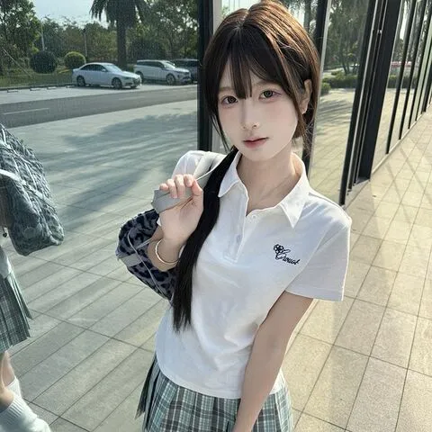 新款JK制服撞色POLO衫舞女未央夏校供显瘦掐腰感上衣刺绣短袖