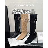 牛皮版 尖头粗跟高筒长靴女新款 美拉德卡其色内增高不过膝长筒靴