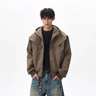 APUEE美式复古巴恩风做旧座山雕连帽夹克潮boxy复古短款工装外套