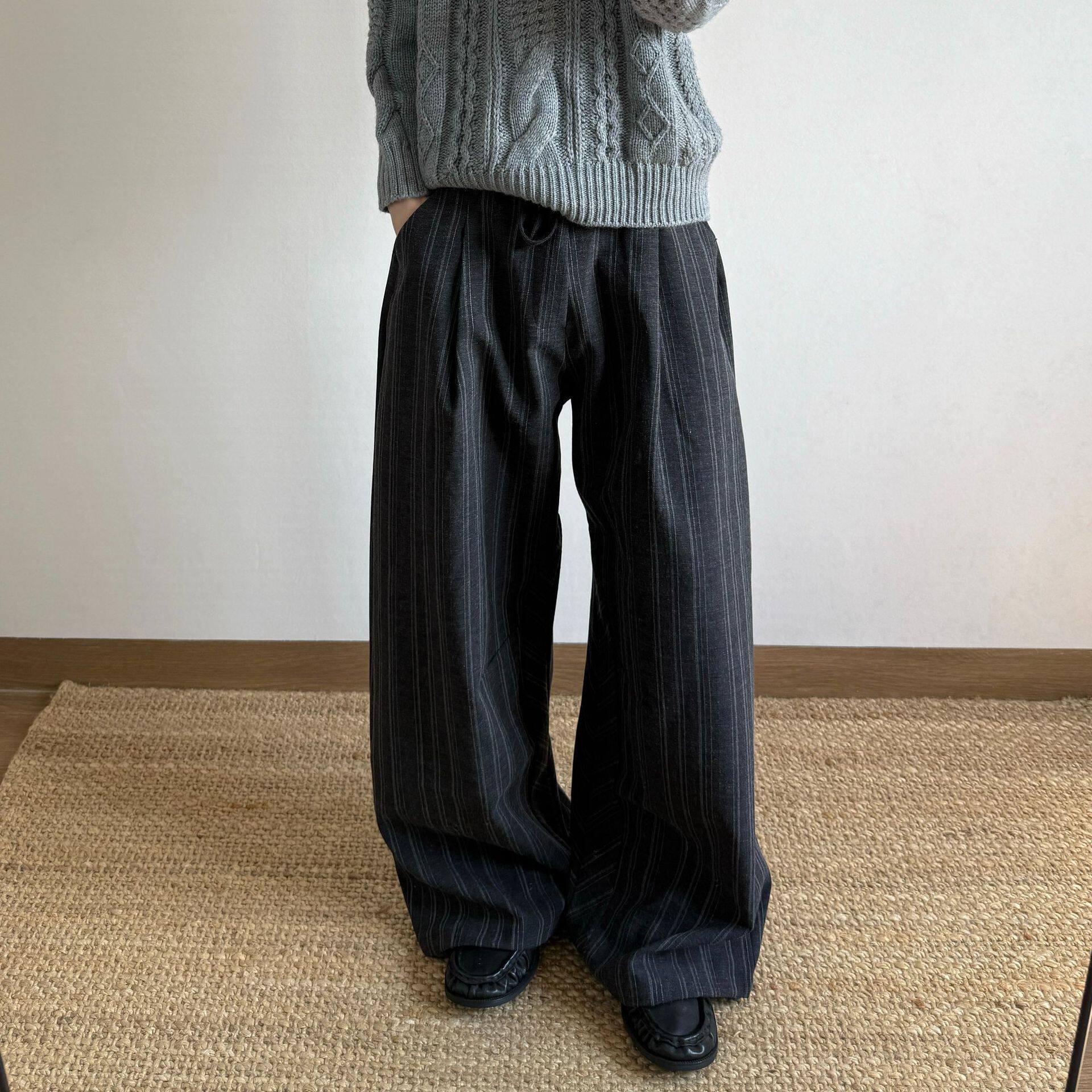 老钱新贵休闲cleanfit纹理西裤男士抽绳高质感工字褶皱条纹长裤子
