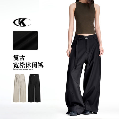 11KN美式复古老钱风直筒西裤男女宽松慵懒褶皱潮牌垂感休闲阔腿裤