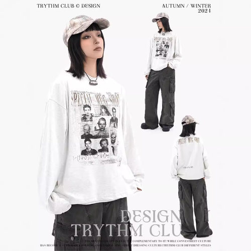 TRYTHMCLUB 字母提花通缉令印花长袖T恤男女电话号码新款花灰卫衣
