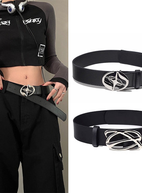 复古黑色腰带潮酷合金扣头男百搭简约女士装饰皮带ins风金星皮带