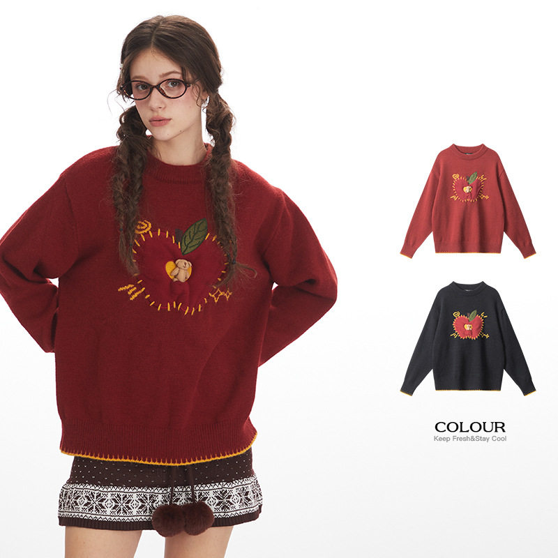 HeyHenry 红色圆领套头宽松毛衣女秋冬季情侣慵懒外穿加厚针织衫