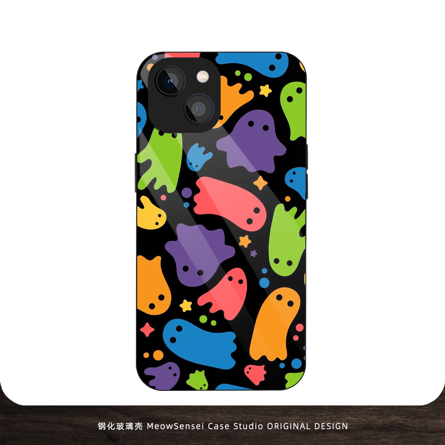 可爱彩色幽灵钢化玻璃手机壳适用苹果16小米15华为VIVO创意艺术13防摔硅胶OPPO磁吸降解iPhone17ProMax保护套