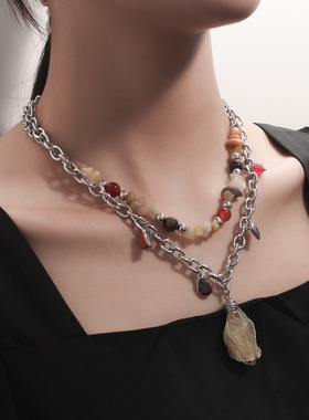 叠戴天然虎石水晶串珠项链女金属