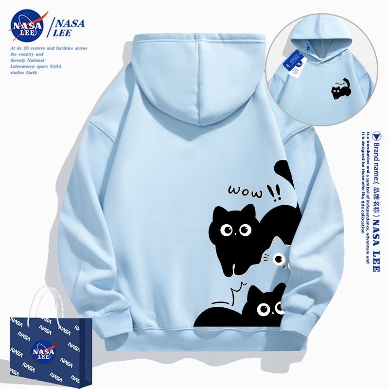 NASA联名可爱猫咪连帽卫衣女秋冬季新款韩版设计感宽松白色外套潮