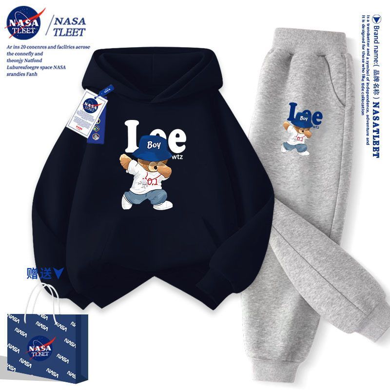 NASA联名潮系小熊印花男女儿童学生连帽卫衣服裤子套装新款衣服潮