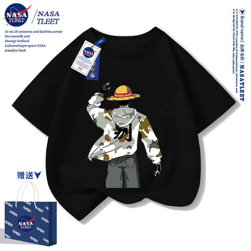 NASA联名潮系草帽路飞卡通印花男女儿童学生时尚短袖t恤衫夏装新