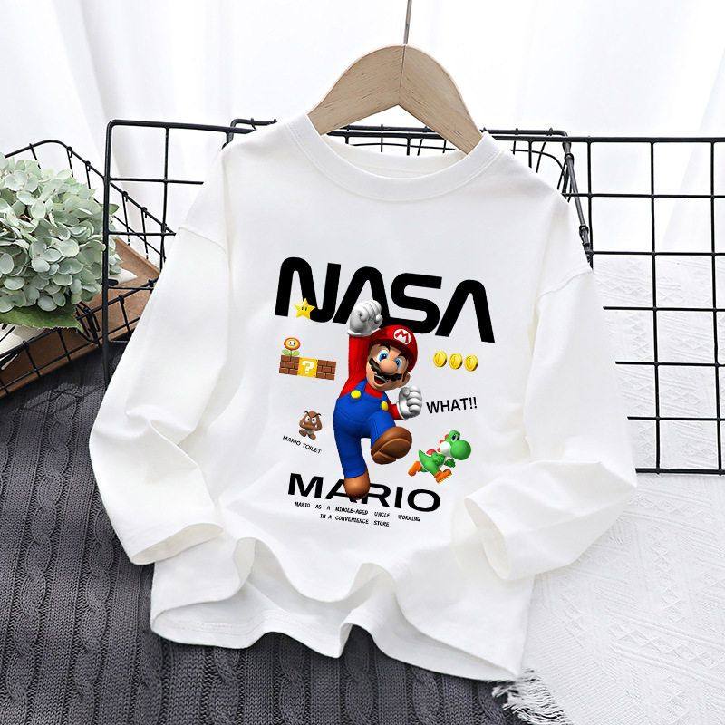 NASA白色纯棉男童长袖t恤春秋2025新款马里奥儿童打底衫秋季上衣