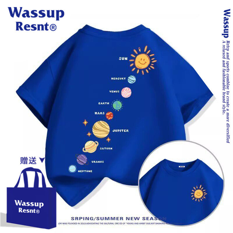 WASSUP联名蓝色儿童短袖t恤纯棉夏季2026新款大童半袖上衣男女童