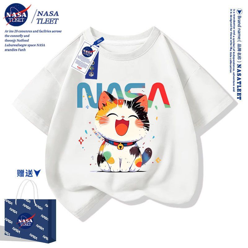 NASA联名卡通可爱小猫咪印花男女儿童学生短袖t恤衫夏装上衣新款