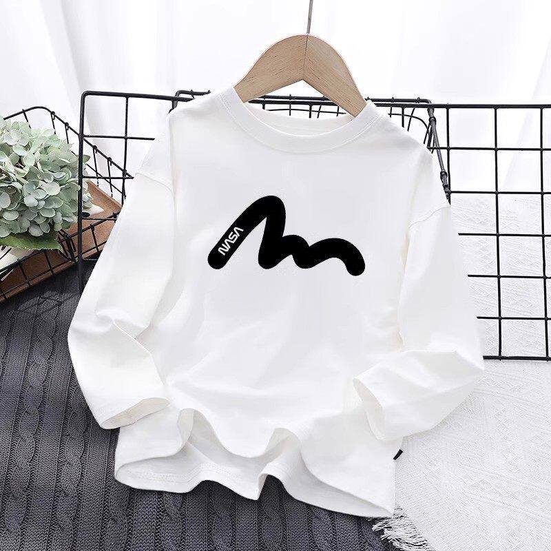 NASA女童长袖t恤春秋款纯棉男童打底衫2025新款白色男女儿童上衣