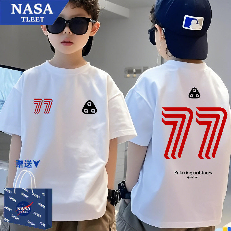 NASA旗舰店美式红色77字母男女儿童短袖T恤男女潮牌纯棉宽松上衣