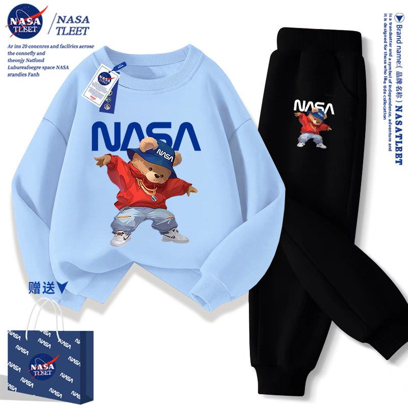 NASA联名男童秋冬套装新款小熊加绒儿童装卫衣卫裤帅气炸街运动服