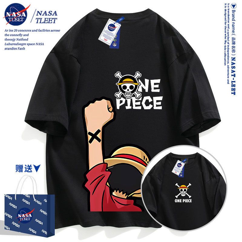 NASA联名海贼王握拳路飞卡通印花男女情侣装休闲运动棉短袖t恤夏