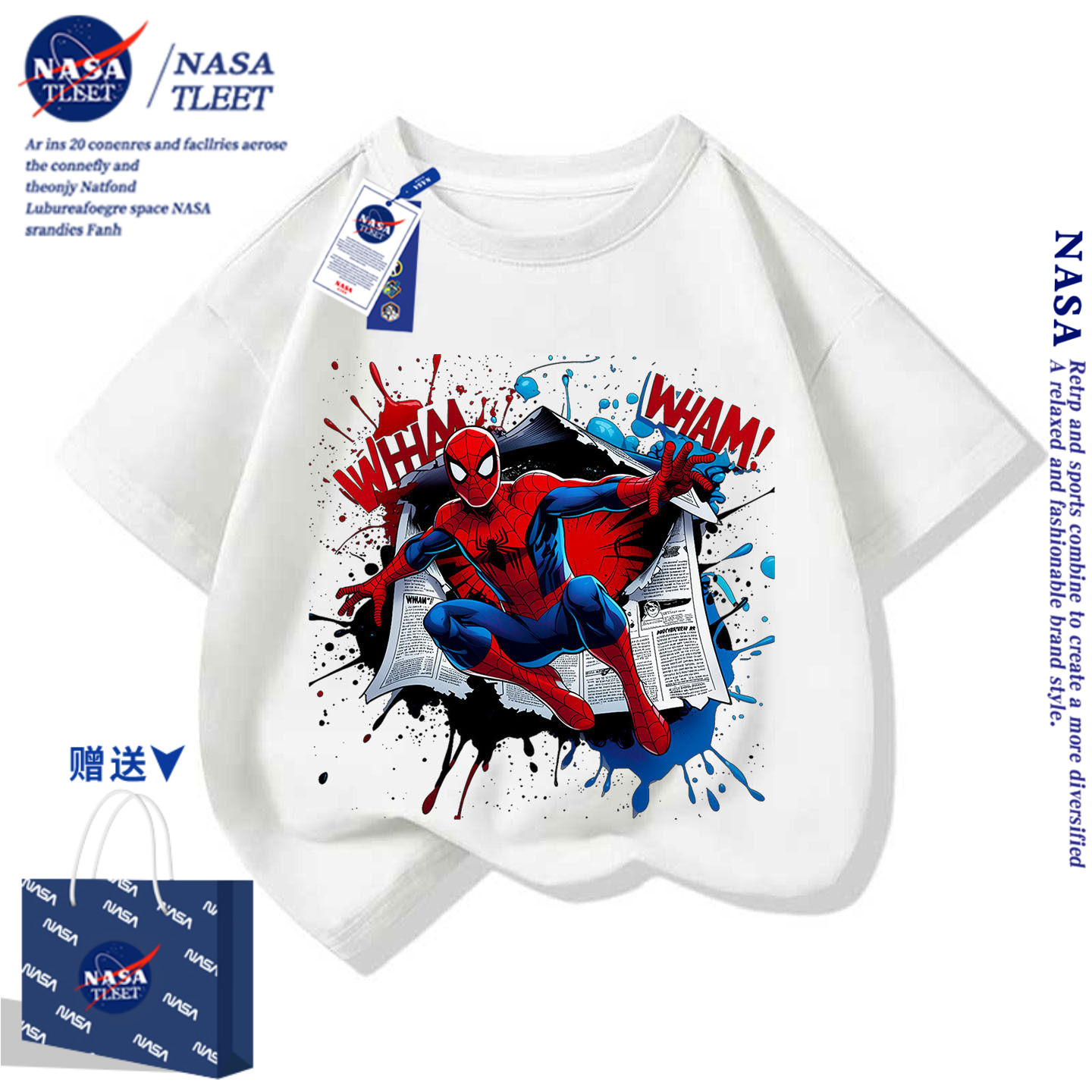 NASA蜘蛛侠崭新之威英雄spider man男儿童装短袖T恤衣服潮童上衣