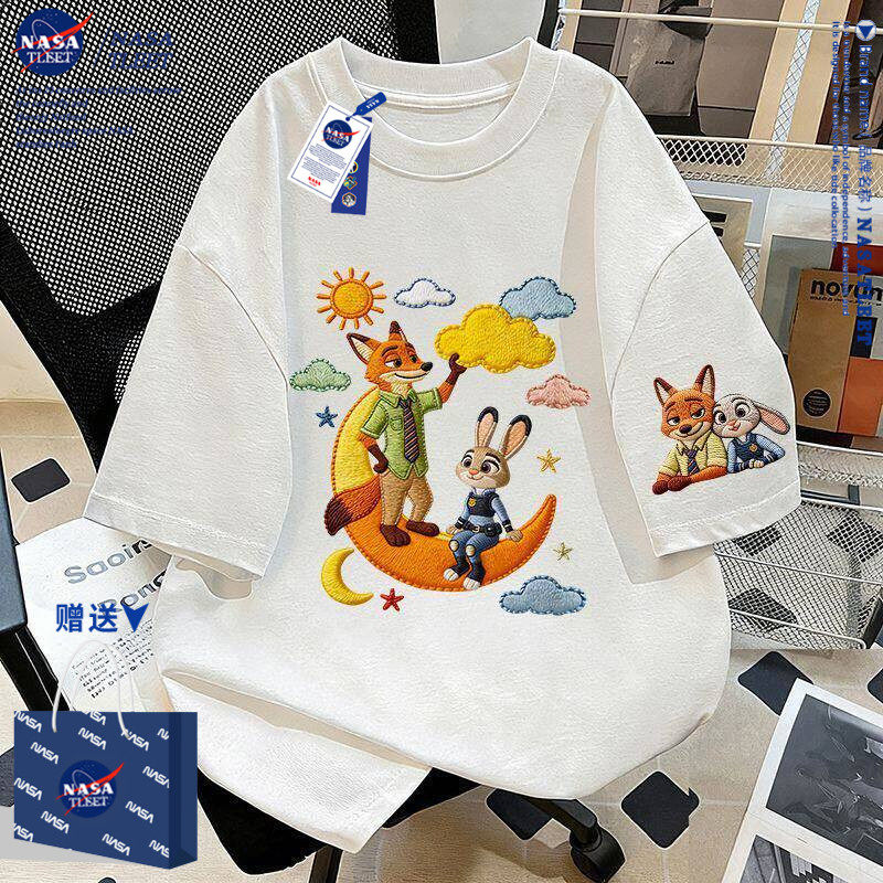 NASA夏季女童纯棉短袖卡通多巴胺男童T恤2026中大童外穿亲子上衣