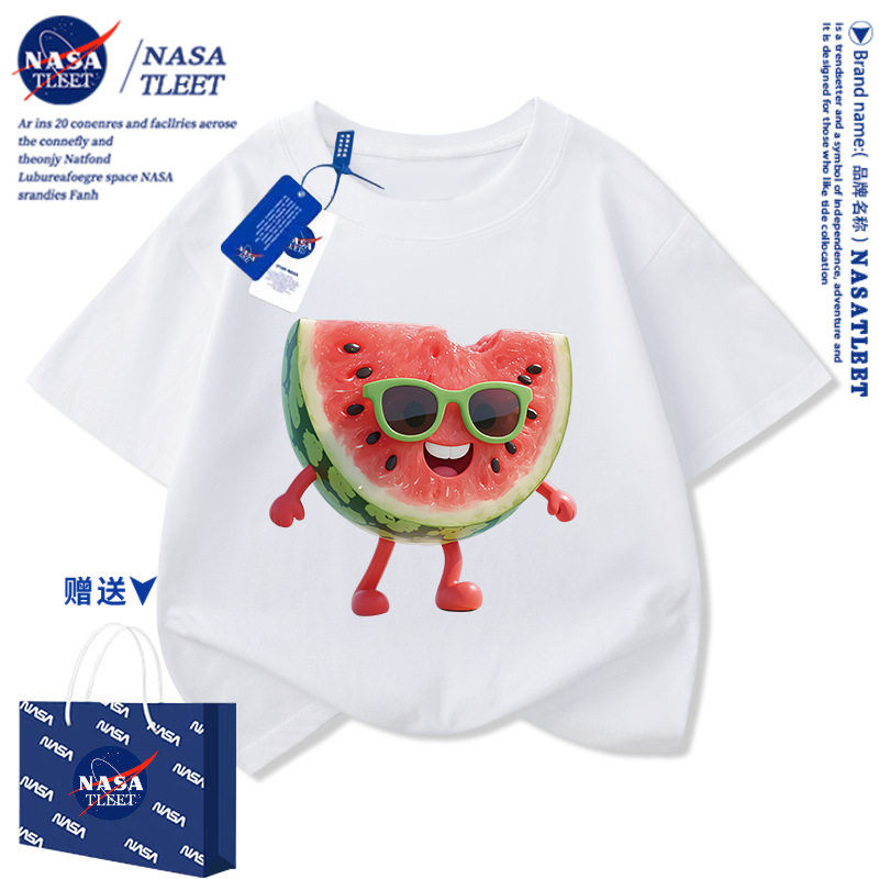 NASA墨镜西瓜卡通儿童短袖男女中小童潮流夏季纯棉透气半袖上衣服