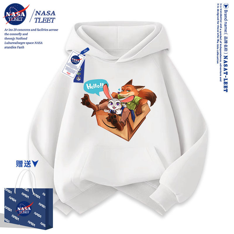 NASA联名疯狂动物城2尼克朱迪兔子印花儿童冬装卫衣连帽外套上衣