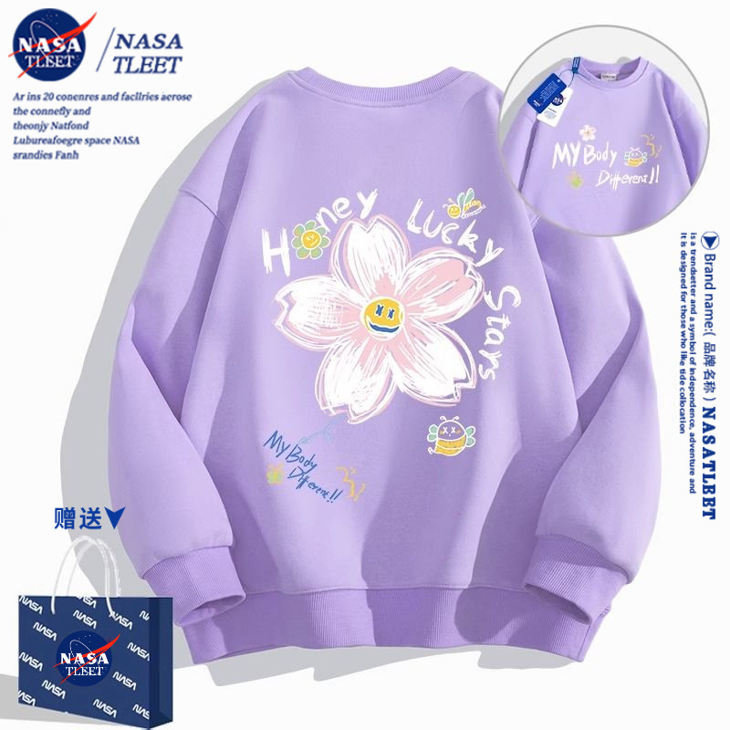 NASA联名潮流花朵圆领卫衣女春秋季新款港风高级感多巴胺紫色外套