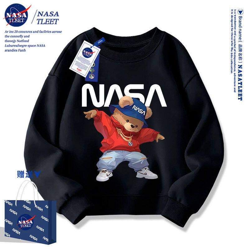 NASA联名男童卫衣秋冬装2025新款中大童潮牌圆领加绒小熊黑色上衣